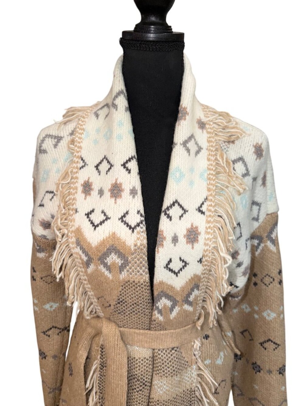 Lucky Brand Womens M Fringe Open Cardigan Sweater Southwestern Beige Aztec Belt - Picture 3 of 12
